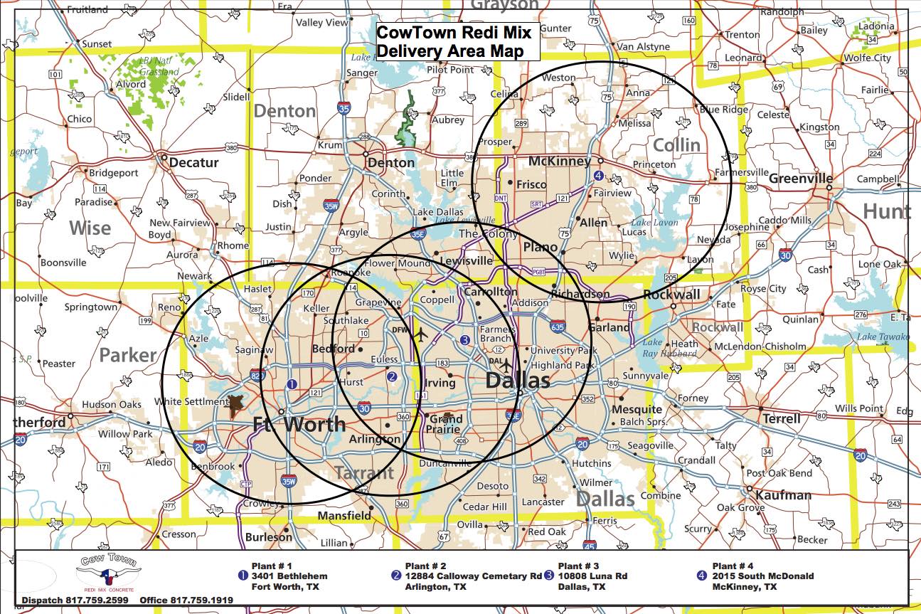 Delivery Area Map | Cowtown Redi-Mix | 817-759-2599